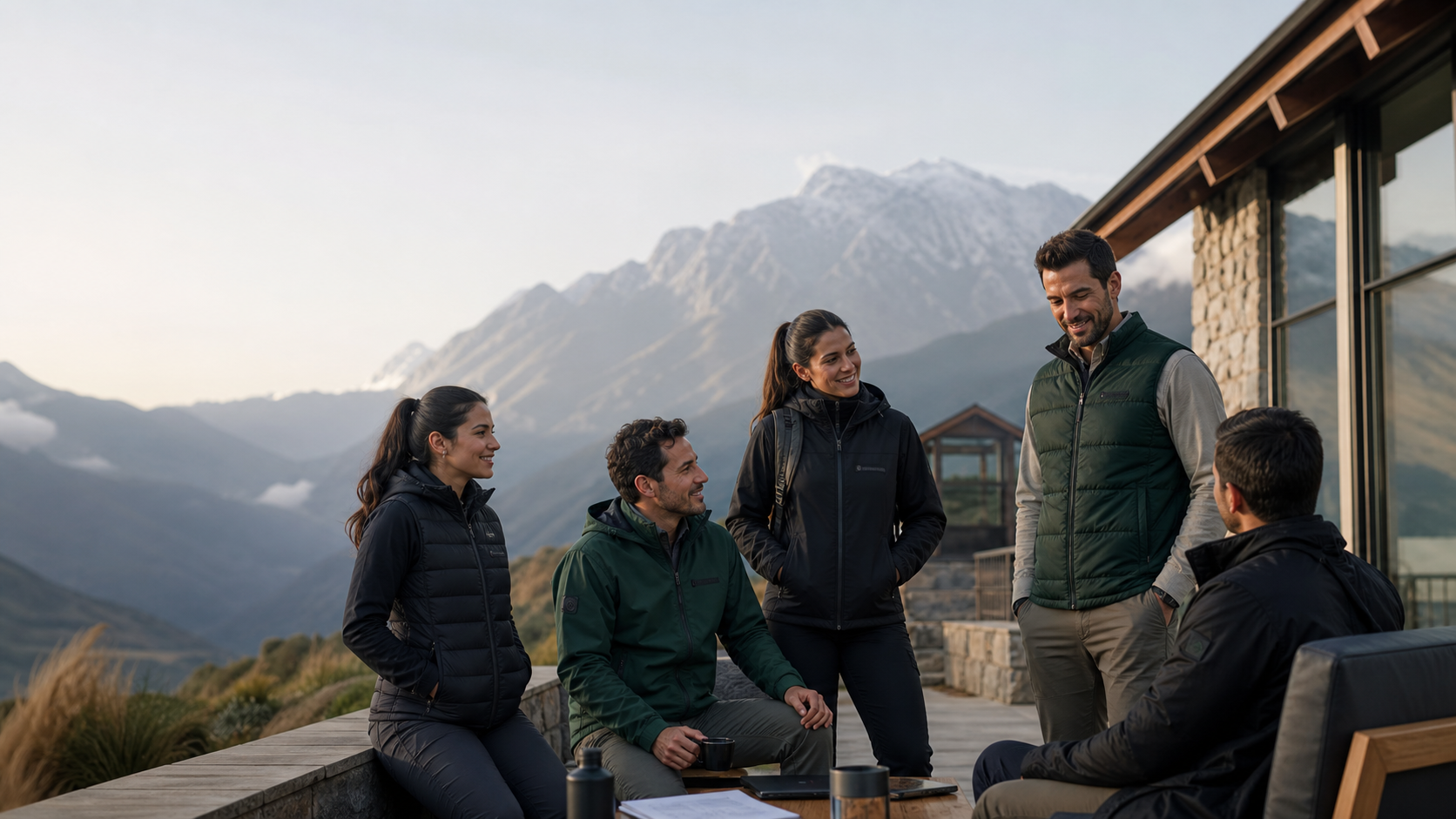 Equipo profesional en retiro corporativo de montana